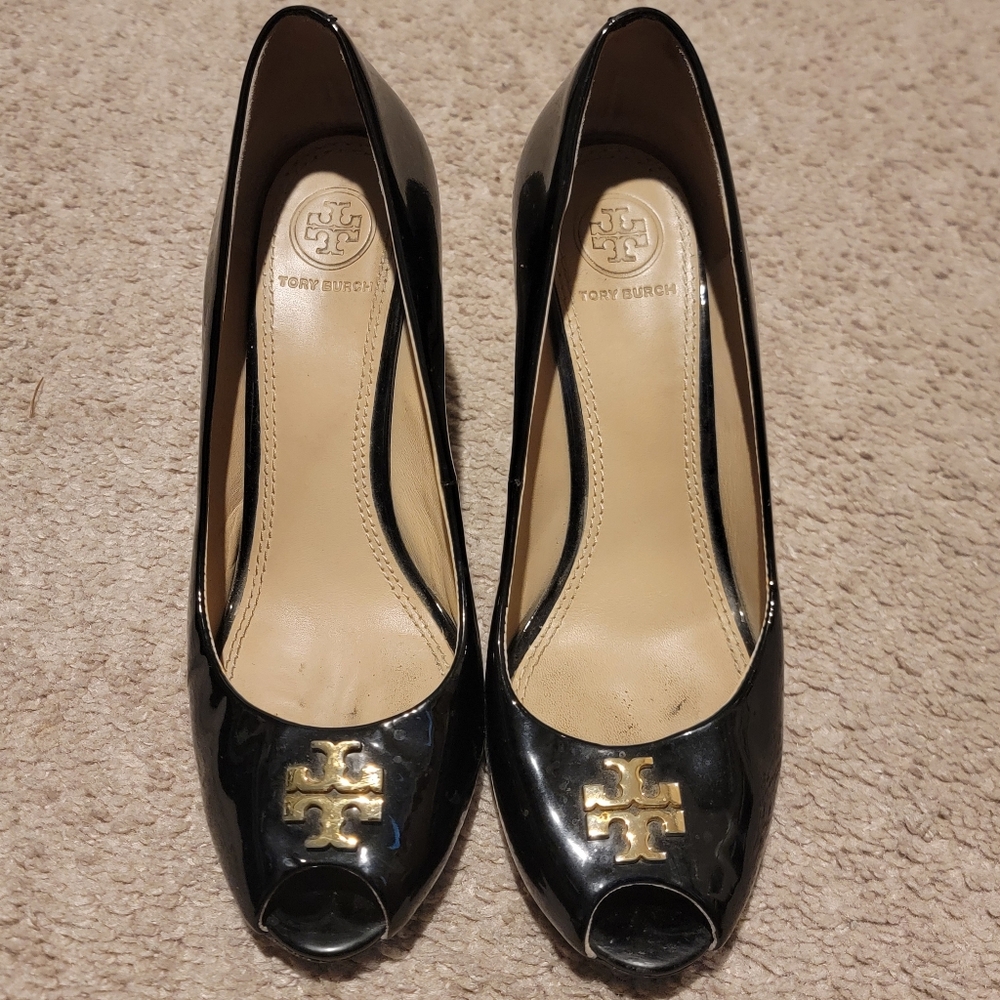 Tory Burch Jade Black Patent Peep Toe Wedges Heels Size 7.5 - Picture 6 of 12